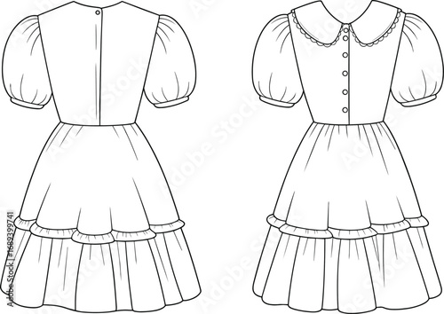 Flat sketch of puff sleeve dress with ruffle hem and peter pan collar, fashion technical drawing, vector garment template design