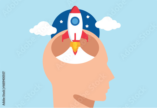 Flat illustration of human head opens with rocket launching symbolizing open-mindedness and innovation