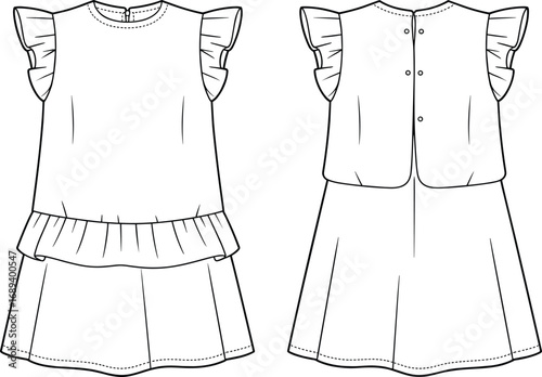 Flat sketch of sleeveless ruffle girls dress with front and back view, fashion template for kidswear, vector outline design