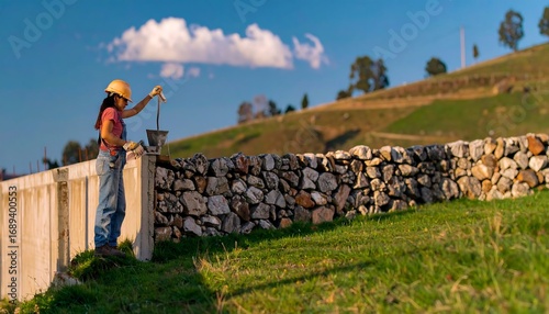 Woman building stone wall
