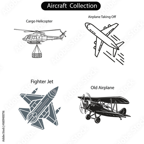 Set of Aircraft Illustrations - Helicopter, Jet, and Vintage Plane | Aircraft Vector Collection - Military and Civil Aviation.