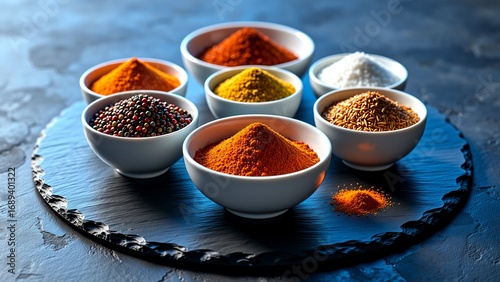 An artful composition of various colorful spices in small white bowls, featuring turmeric, chili powder, and peppercorns, set against a dramatic dark slate surface for a flavorful culinary display