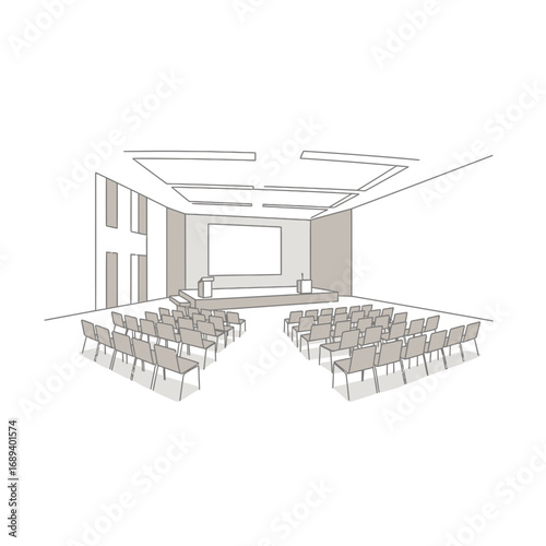 Sketch of a Conference Room Setup with Rows of Chairs and a Stage
