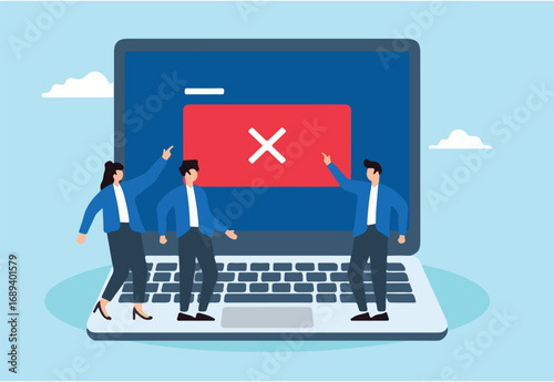 Flat illustration of people stare at laptop screen dead with cross sign software error cyber attack technical issue server down