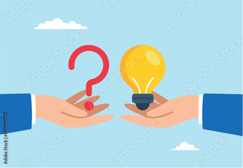Flat illustration of businessman hands hold question mark and lightbulb reply symbolizing solving problems through questions and answers