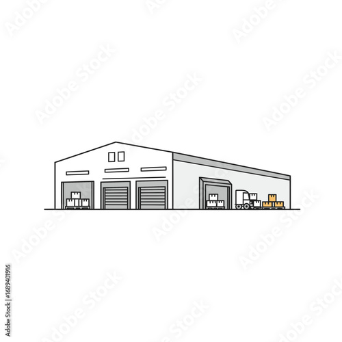 Warehouse Exterior Illustration: Gray Building with Loading Docks and Delivery Truck