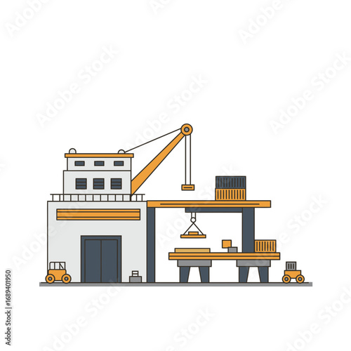 Warehouse Loading Dock with Crane and Forklifts