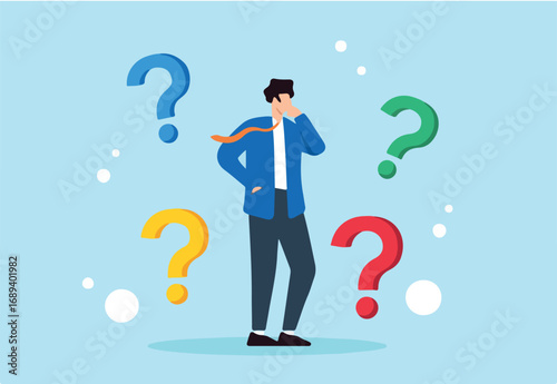 Flat illustration of businessman contemplates with question marks around seeking answers uncertainty curiosity problem solving faq