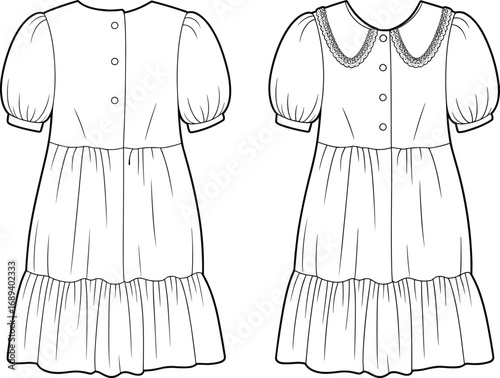 Flat sketch of vintage puff sleeve dress with tiered skirt, peter pan collar, front and back view, fashion template