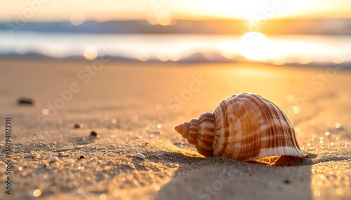 Seashell lies on the beach, warm sunlight reflecting off the wet sand and shimmering ocean waves in the background, creating a serene and calming coastal scene