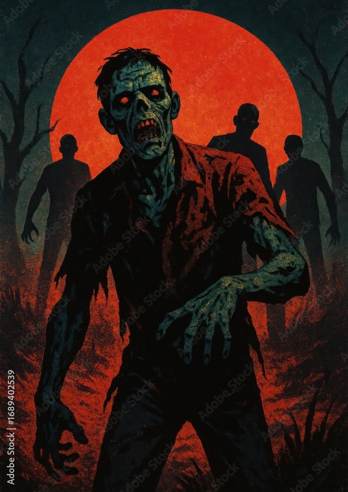 Fototapeta premium Eerie zombie silhouettes under moon.