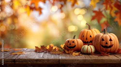 Carved pumpkins on a wood table, with bokeh background & autumn maple leaves