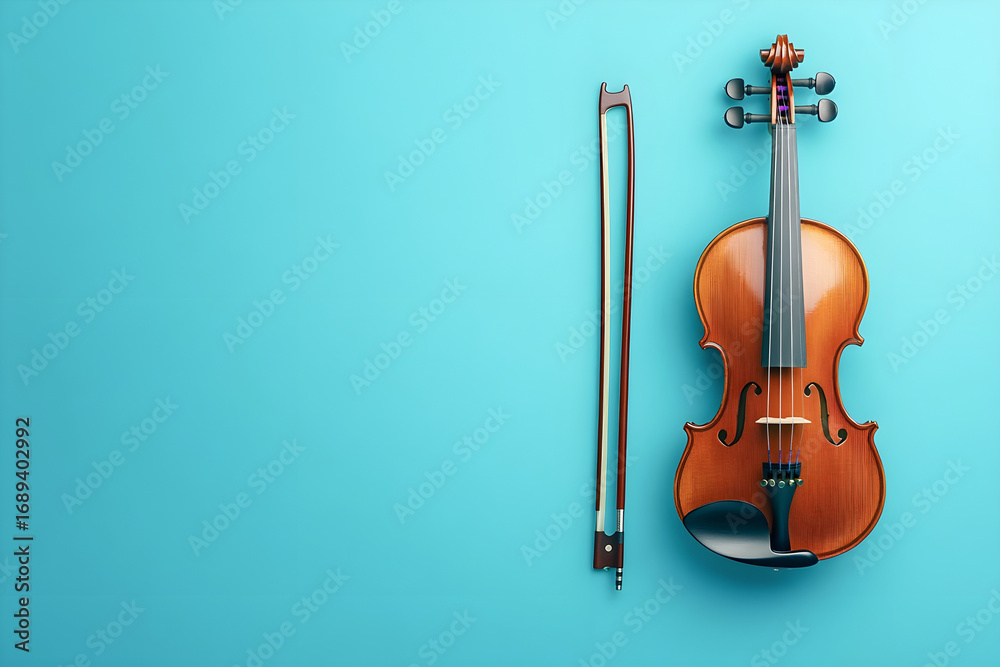 Naklejka premium Classic wooden violin with bow placed on a bright turquoise background in minimalist style