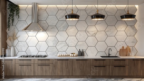 Modern kitchen with hexagonal tile backsplash and wooden cabinets