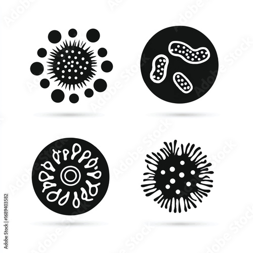 Black and White Vector Illustration of Different Microscopic Pathogens and Organisms on a White Background