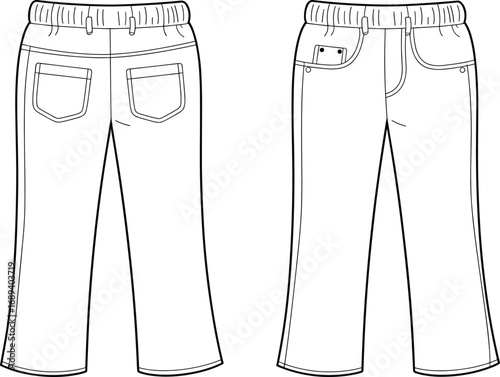 Vector flat sketch of kids casual pants with elastic waistband, back and front views, patch pockets, belt loops, fashion template