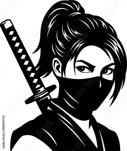 Bold black and white vector illustration of a powerful female ninja. A portrait of a mysterious assassin with a face mask and katana, perfect for themes of stealth and martial arts.