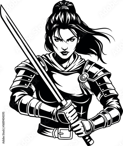 Dynamic black and white vector illustration of a determined female warrior in armor, gripping a sword. A powerful graphic art design representing strength, courage, and fantasy themes.