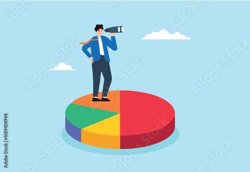 Flat illustration businessman stand on pie chart looking through binocular analyzing marketing data business strategy