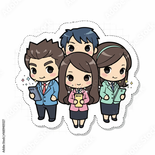 Charming chibi anime illustration of a diverse corporate business team. A group of friendly office colleagues representing collaboration and professional staff