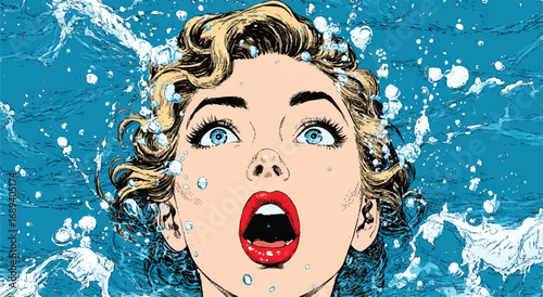 Blonde woman surrounded by water gasping for air in a desperate survival illustration