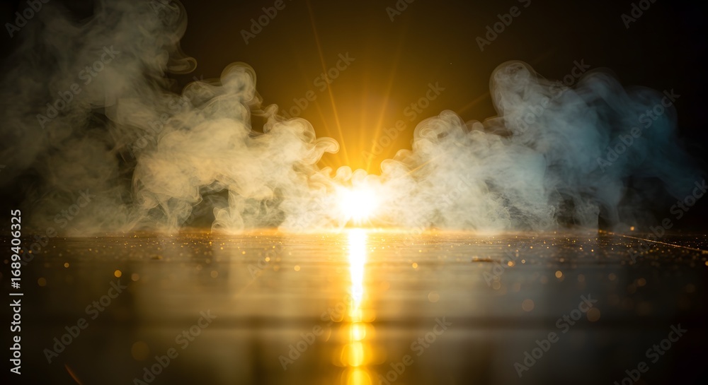 Obraz premium A dramatic scene featuring a bright light source obscured by smoke and reflective surface below it all