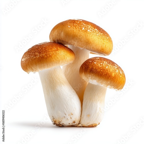 A cluster of three mushrooms, presenting an image of freshness and natural flavor. Their textured caps and stems showcase an organic appeal.