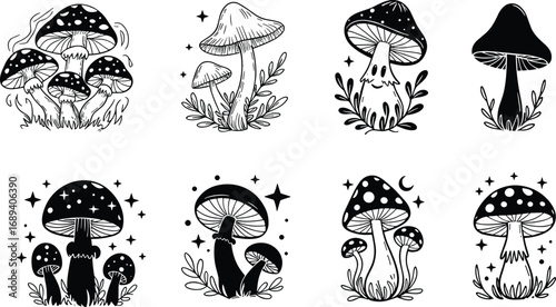 Hand-drawn black and white mushrooms collection, mystical forest fungi, nature elements, magical plants, decorative mushrooms, fantasy flora, flat vector illustration