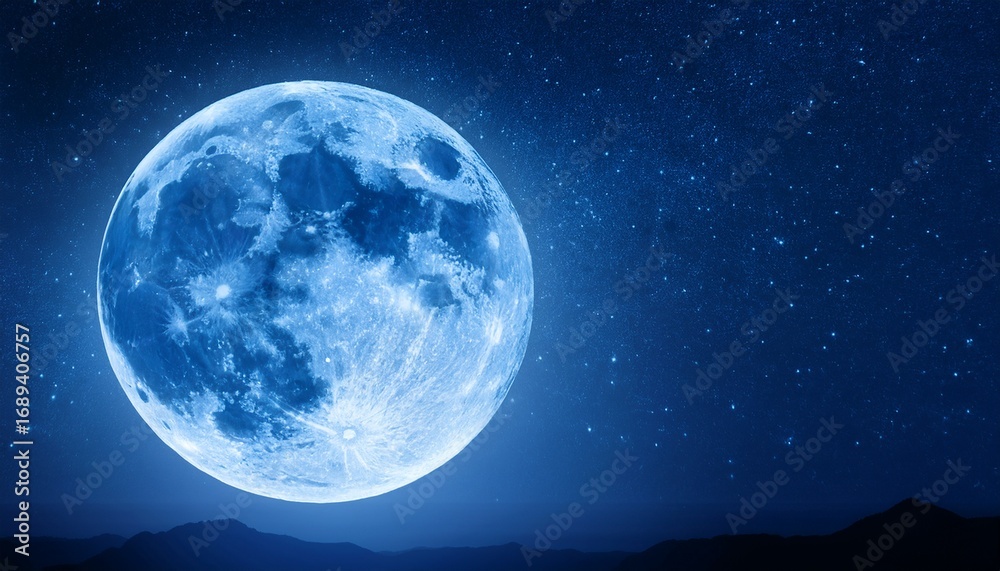 Fototapeta premium full moon with blue tones and luminous glow in a clear night sky with stars