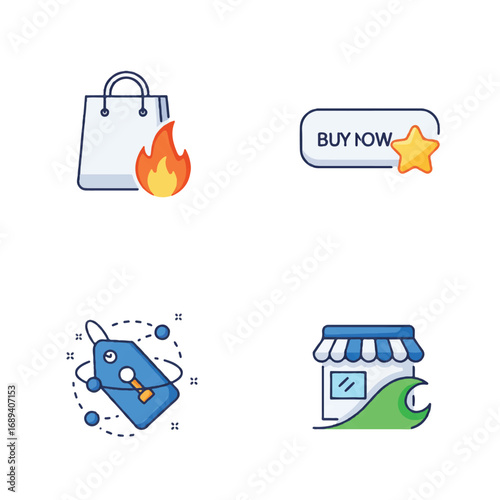 Flat Minimalist Vector E-commerce & Shopping Icons: Bag, Buy Button, Product Tag, Store - Digital Retail & Online Sales