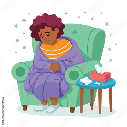 Sick Woman Wrapped in Purple Blanket Sitting on Sofa with Tissues – Vector Artwork Depicting Illness, Recovery, and Cozy Indoor Care