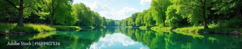 Serene summer scene of a calm waterway reflecting lush green trees and a clear blue sky Perfect for travel, nature, and relaxation themes , holiday, travel, getaway