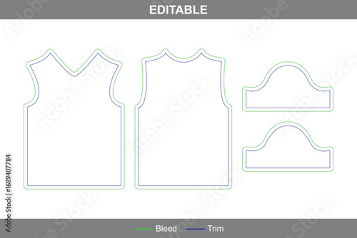 Jersey with v-neck polo shirt dieline with editable vector die line, printable apparel template, garment packaging mockup, professional clothing design, and polo shirt layout