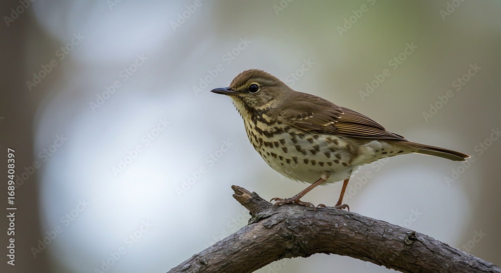 Fototapeta premium A Song Thrush Perched on a Branch in the Woods.