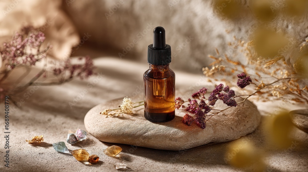 serene amber essential oil bottle surrounded by floral accents on stone in tranquil setting serene amber essential oil bottle surrounded by floral accents on stone in tranquil setting