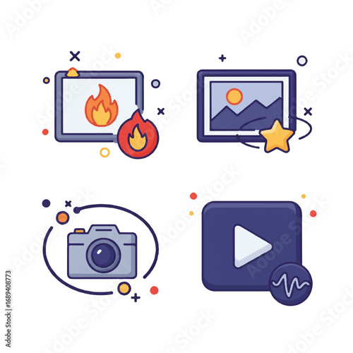 Creative Vector Content Icons: Story, Reel, Camera, Play - Flat 2D Social Media Creation Elements for Digital Platforms