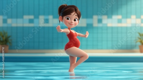Confident animated young girl in red swimsuit practicing ballet pose in swimming pool with turquoise water background, 3D animation character from children's movie