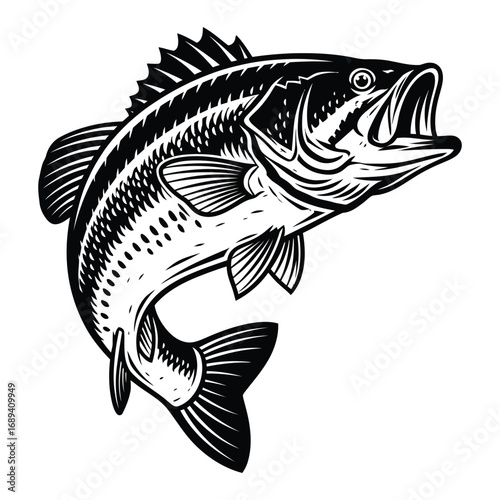 Black and white illustration of a largemouth bass fish jumping leaping water