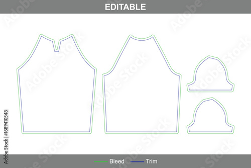 Short sleeves raglan polo shirt dieline with editable vector die line, printable garment template, apparel packaging layout, professional clothing mockup, and polo shirt design