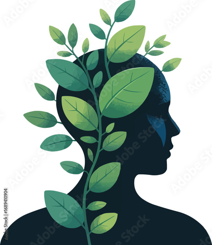 Flourishing Mind A stylized illustration of a persons head adorned with lush green leaves symbolizing growth nature and mental wellness