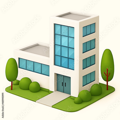 Modern cartoon office building with trees and grass on white background architecture isolated on a transparent background