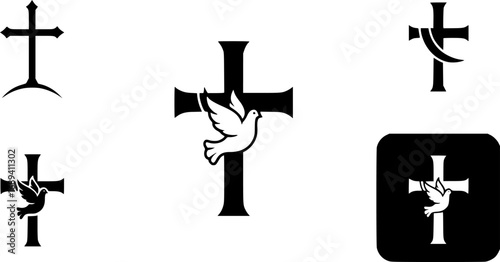 Cross with the dove. Church emblem template. Vector design element.
