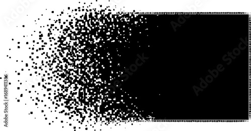 Black rectangular shape dissolving into scattered pixels on a white background depicting disintegration
