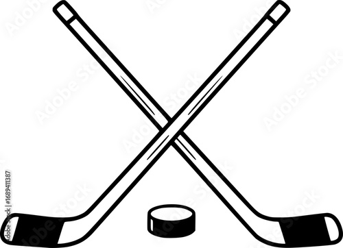Crossed Hockey Sticks and Puck - Vector Outline Illustration
