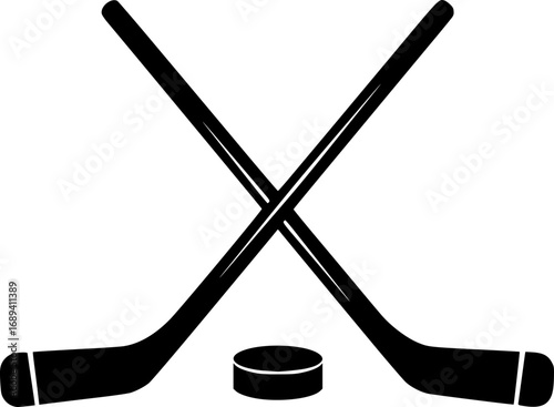 Crossed Hockey Sticks and Puck - Vector Outline Illustration
