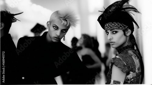 Editorial de moda en blanco y negro: estilo punk andrógino con mohawk y tocado de plumas, Moda ochentera andrógina: maquillaje dramático y actitud rebelde en pasarel