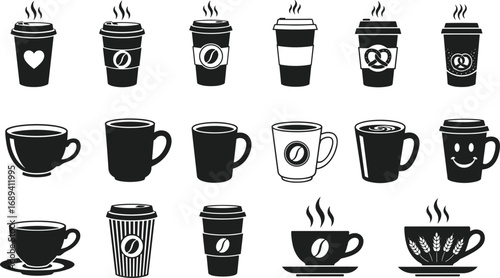 Coffee cup icons, hot coffee mugs, takeaway coffee cups, coffee cup vector, beverage illustration, coffee art, steaming coffee, café drinks, flat vector illustration