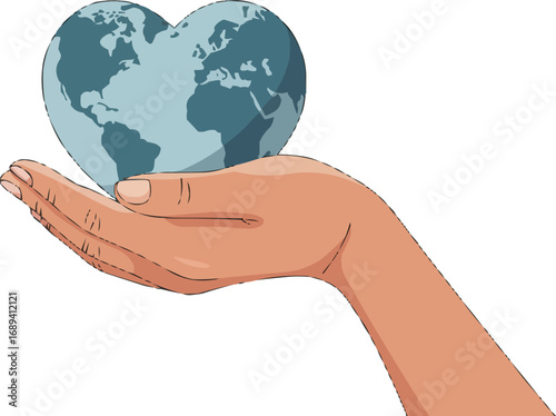 A hand gently cradles the Earth shaped as a heart symbolizing global care and environmental protection