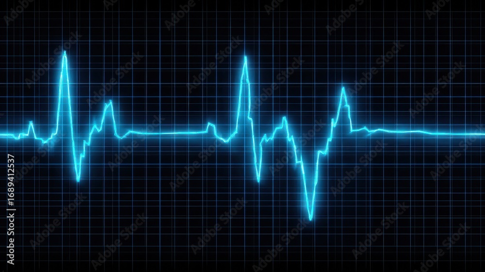 Naklejka premium abstract futuristic digital heartbeat ekg line on a gridded neon blue background