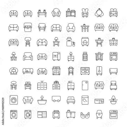 Home Interior and Furniture Icon Set – Modern House Decoration and Room Vector Pack.Includes sofa, armchair, bed, dining table, wardrobe, bookshelf, lamps, bathtub, kitchen, and living room accessorie